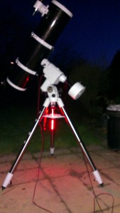My Skywatcher 200 on a HEQ5 mount with sexy red led strip making it looks like the nightrider (sort of... well not really at all).